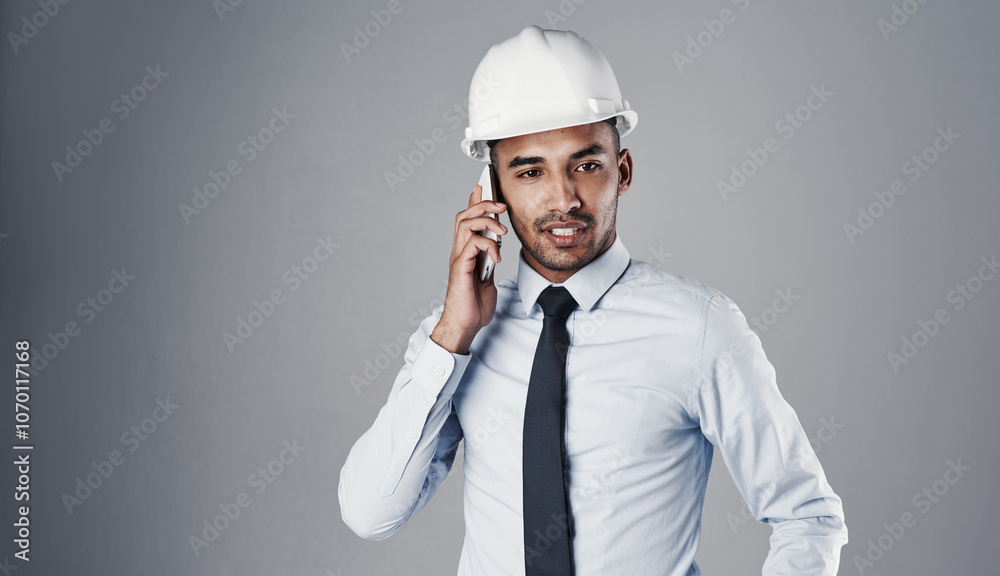 Poster architect, helmet and phone call in studio for communication, construction and renovation update. en