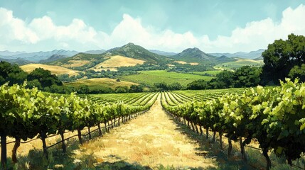Naklejka premium Lush Vineyard Landscape with Vibrant Greens and Hills