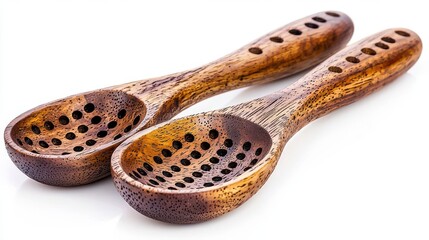 Two wooden slotted spoons with unique designs showcasing craftsmanship and functionality for kitchen use - Powered by Adobe