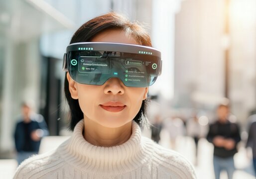 Businesswoman using smart glasses with augmented reality technology navigating a modern city street - Powered by Adobe