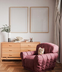 Interior living room mockup, two frame, poster empty in home design, interior design element...
