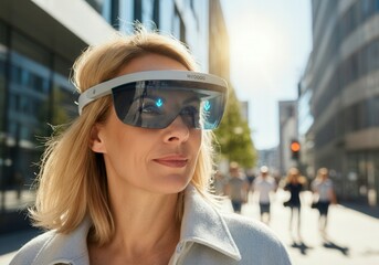 Blond businesswoman wearing augmented reality glasses walks in a modern city center