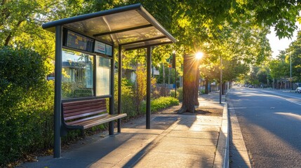 Simple bus stop with a bench on a quiet, tree-lined suburban street, with sunlight filtering through leaves.