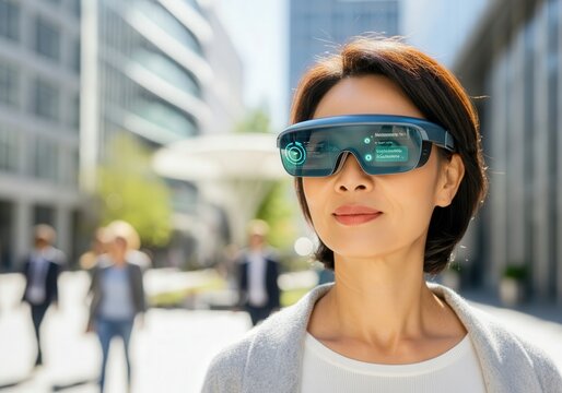 Businesswoman wearing ar glasses walking in city center using futuristic technology