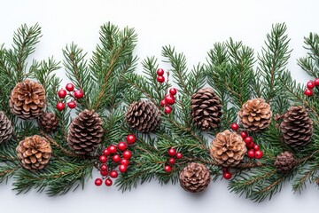 Fototapeta premium Evergreen Branches with Pine Cones and Red Berries on a White Background