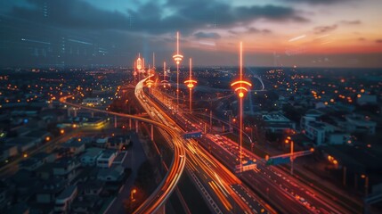A futuristic rendering of telecommunications equipment used in a smart city, where 5G antennas, IoT devices, and fiber optics connect homes, businesses, and public services seamlessly