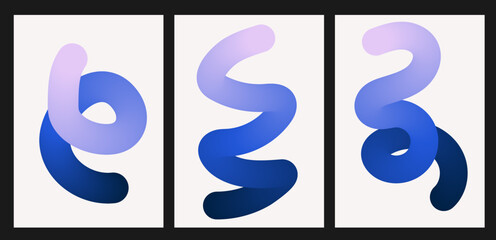 Set of posters with abstract gradient blend swirl line. Vertical background with blue wavy line. Gradient 3d blend stroke