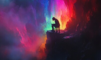 A man sits on a stool in a cave with a rainbow in the background