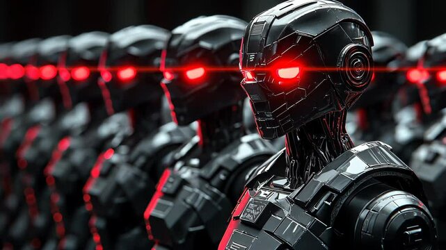 Futuristic robot with glowing red visor for technology, AI, and cyber security. Dark, metallic android army symbolizing artificial intelligence, innovation, and science fiction in digital world