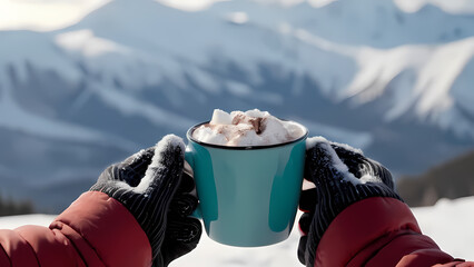 Close Up and Focusing On A cup of hot chocolate held in two hands wearing gloves with a blurry snow background
