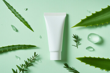 A tube of aloe vera cream surrounded by green leaves