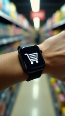 Fototapeta premium Smartwatch on hand displaying shopping cart icon, perfect for managing shopping lists, e-commerce, and retail convenience.