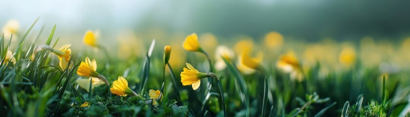 Obraz premium Vibrant Daffodil Field in Early Spring: A Sea of Bright Yellow Blooms Under Clear Blue Skies