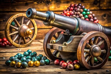 Fototapeta premium Rustic wooden backdrop showcasing vintage war weaponry with cannonballs and bullets, capturing the essence of history and craftsmanship in a stunning display.