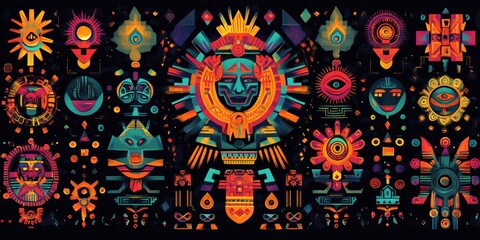 A colorful pattern of shapes and symbols, including a flower and a person
