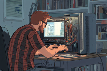 Comic-Style Animated Scene of a Computer Geek Assembling a PC, Highlighting Passion for Technology and DIY Computer Building