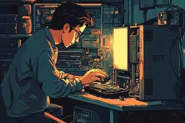 Comic-Style Animated Scene of a Computer Geek Assembling a PC, Highlighting Passion for Technology and DIY Computer Building