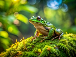 Captivating Close-Up of a Vibrant Green Frog in its Natural Habitat with Lush Greenery and Copy Space for Text Overlay