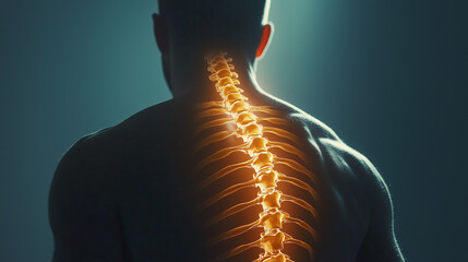 Kręgosłup człowieka jest wyraźnie zaakcentowany, co ilustruje znaczenie zdrowia kręgosłupa i technik łagodzenia bólu.