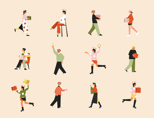 Christmas people clipart vector flat illustration. Group of people carrying Christmas gifts and decorating Christmas tree. Friends celebrate New Year. Winter holidays.