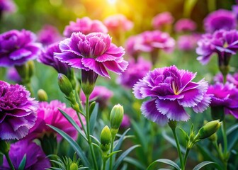 Captivating Conceptual Photography of Common Carnation with Purple Flowers in a Lush Garden Setting, Showcasing Its Delicate Beauty and Vibrant Color Palette