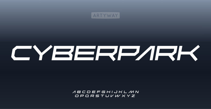 Wide geometric alphabet, bold cyberpunk font, futuristic angular typography, robotic industry typeface, techno sci-fi character, digital branding power. Vector typeset