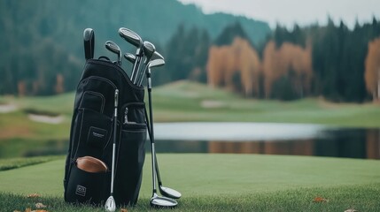 Explore the perfect golf experience a stylish bag with clubs next to a lush green golf course