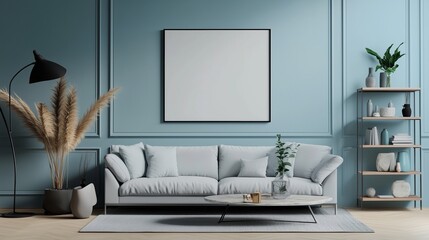 Stylish living room featuring a light blue wall, modern furniture, and decorative plants in a cozy interior setting