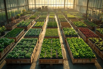 Sunlit greenhouse with lush vegetable beds and morning light