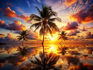 Fototapeta premium Captivating Double Exposure Photography Featuring a Coconut Tree Merging with Tropical Sunset for a Serene and Dreamy Atmosphere in Nature's Beauty