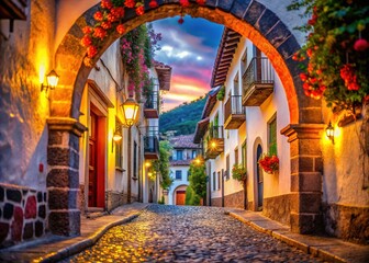 Fototapeta premium Taxco, Mexico Cobblestone Street Arch Bokeh November 2022 AI Photo
