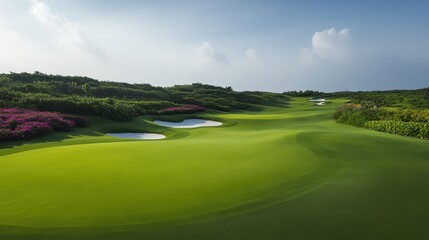 Explore a picturesque golf course surrounded by vibrant flower beds and lush greenery for a perfect day outdoors