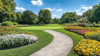 Explore the beauty of a lush golf course surrounded by vibrant flower beds and scenic pathways