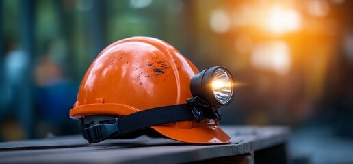 An orange hard hat with a headlamp attached, sitting on a wooden surface with a blurred background.