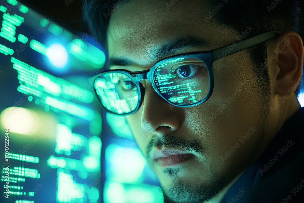 Poster focused individual analyzing data on computer screens in a dimly lit room with vibrant green coding 