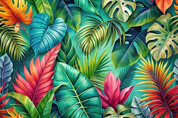 Fototapeta premium Tropical Plants, Monstera, Banana, Palm Watercolor Banner Background