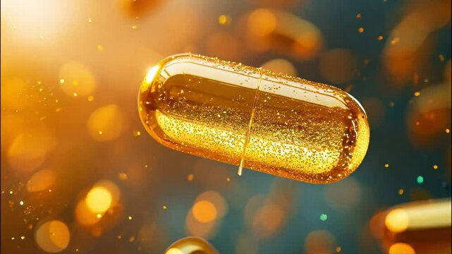 A shiny golden capsule with sparkling particles inside, representing luxury, health, or futuristic medicine