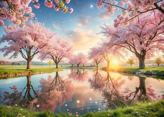 Captivating Double Exposure Photography of Cherry Blossom Trees Merging with Serene Nature Scenery for a Dreamy Visual Experience of Spring Beauty