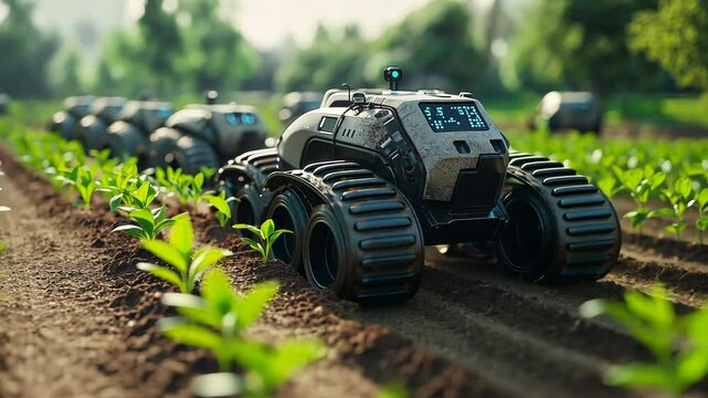 Agricultural robots, autonomous machines tending crops in field for precision farming, technology, and sustainable agriculture. Futuristic equipment navigating between rows of plants