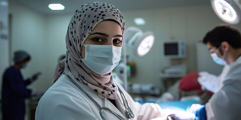 Beautiful young Muslim woman surgeon in traditional religious Islamic hijab and medical mask in an operating room.