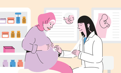 Doctor Examining a Pregnant Woman in Hijab During Prenatal Checkup. Healthcare Representation for Maternity, Pregnancy Consultation, and Women Health Support