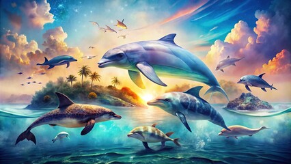 Obraz premium Watercolor Sea Animal Double Exposure Background Illustration