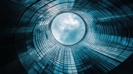 A circular opening in a modern building, looking up at the sky.