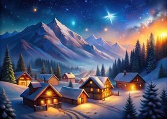 Fototapeta premium Winter Mountain Village Night Bokeh AI Art, Magical Mountain Scene