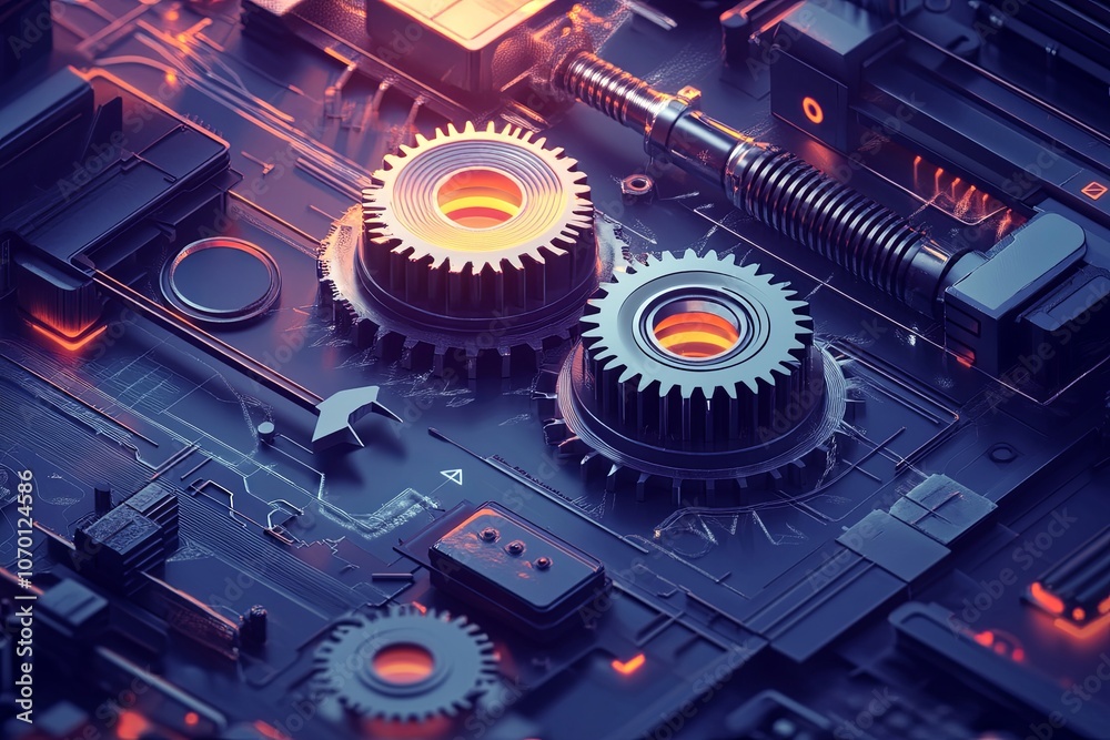 Poster intricate gears on a circuit board illuminated with warm hues, showcasing technology and design in a