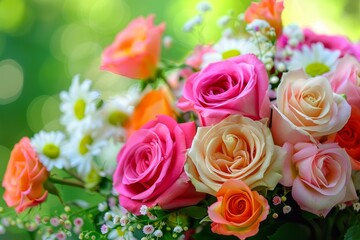 Obraz premium Beautiful bouquet with colorful roses and white daisies blooming on a blurred green background