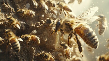 Fototapeta premium A close-up of a beehive with bees entering and exiting, the sun shining through the hive.