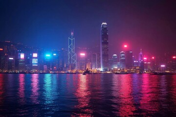 Fototapeta premium Vibrant city skyline of Hong Kong illuminated at night with reflections shimmering on water