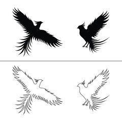 A silhouette and outline of black phoenix with wings, isolated on the white background. A set of vector illustrations