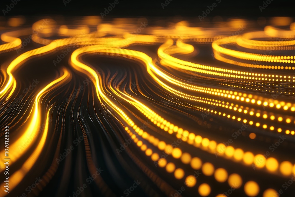 Poster Flowing golden light patterns create a mesmerizing abstract visual experience in a dark environment. Generative AI